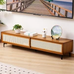 Kệ tivi phòng khách cửa lùa 1m2 1m6, Tủ tivi phòng khách gỗ tre cửa trượt giả mây tre đan cổ điển màu nâu và vàng — ảnh 4