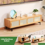 Kệ tivi phòng khách cửa lùa 1m2 1m6, Tủ tivi phòng khách gỗ tre cửa trượt giả mây tre đan cổ điển màu nâu và vàng — ảnh 7
