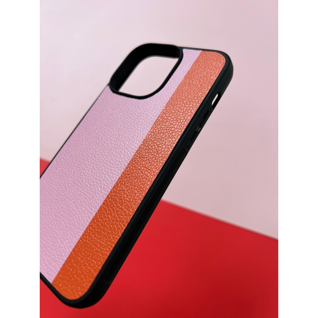 [ Mẫu không nhiều ] Ốp da iphone kẻ dọc Hồng Cam - Nâu Đen