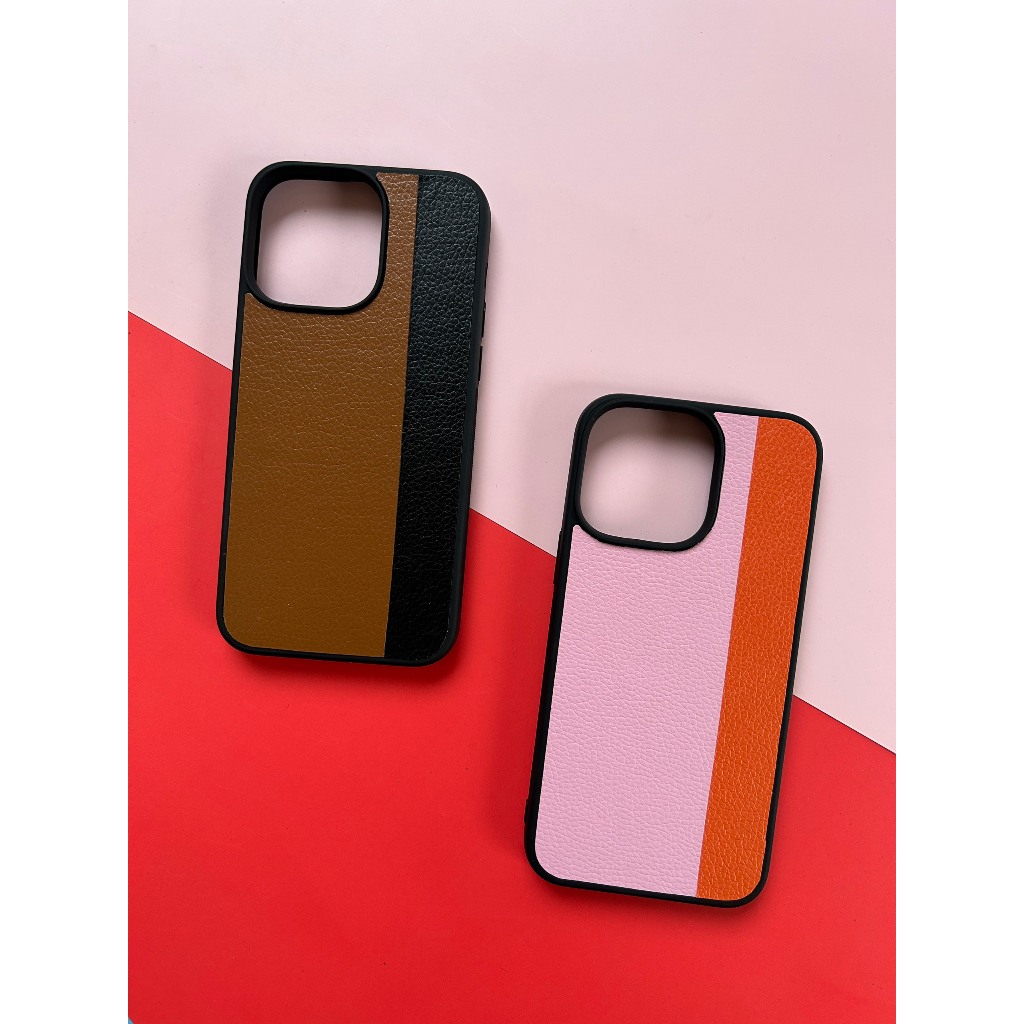 [ Mẫu không nhiều ] Ốp da iphone kẻ dọc Hồng Cam - Nâu Đen