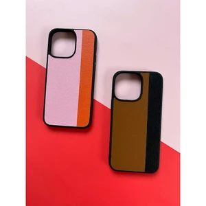 Ốp da iphone kẻ dọc Hồng Cam - Nâu Đen