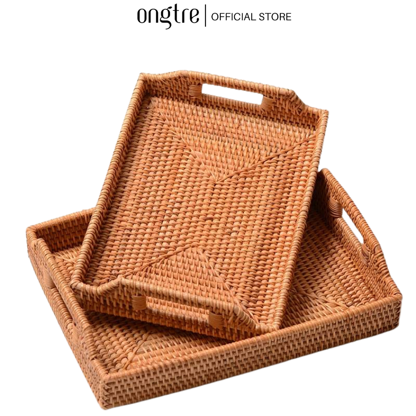 Khay Mây Chữ Nhật Có Tay Cầm ONGTRE, Khay Trà, Đựng Hoa Quả, Bánh Kẹo, Khay Phục Vụ Decor, Nhà Hàng, Khách Sạn, Resort