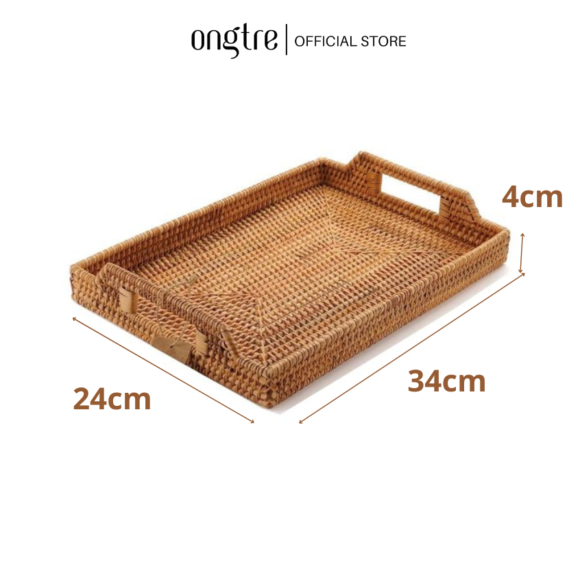 Khay Mây Chữ Nhật Có Tay Cầm ONGTRE, Khay Trà, Đựng Hoa Quả, Bánh Kẹo, Khay Phục Vụ Decor, Nhà Hàng, Khách Sạn, Resort