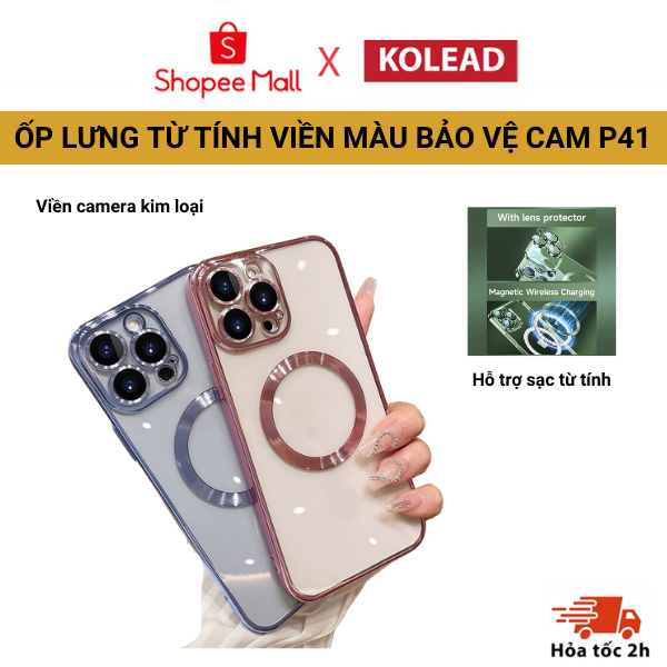 Ảnh Ốp Điện Thoại từ tính Silicon Trong Suốt KOLEAD P41 Có viền và Vòng Kim Loại Sang Trọng 14 15 Pro Max plus 1