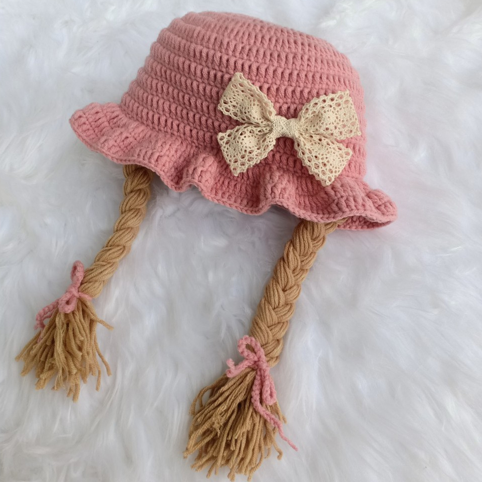 Nón len có bím tóc giả gắn nơ ren xinh xắn - Dương liễu handmade ...