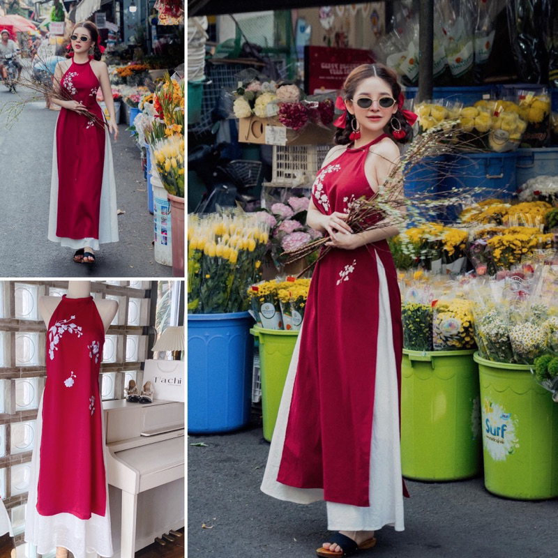 SET ÁO DÀI ĐỎ CỔ YẾM THÊU HOA + CV MIDI TRẮNG