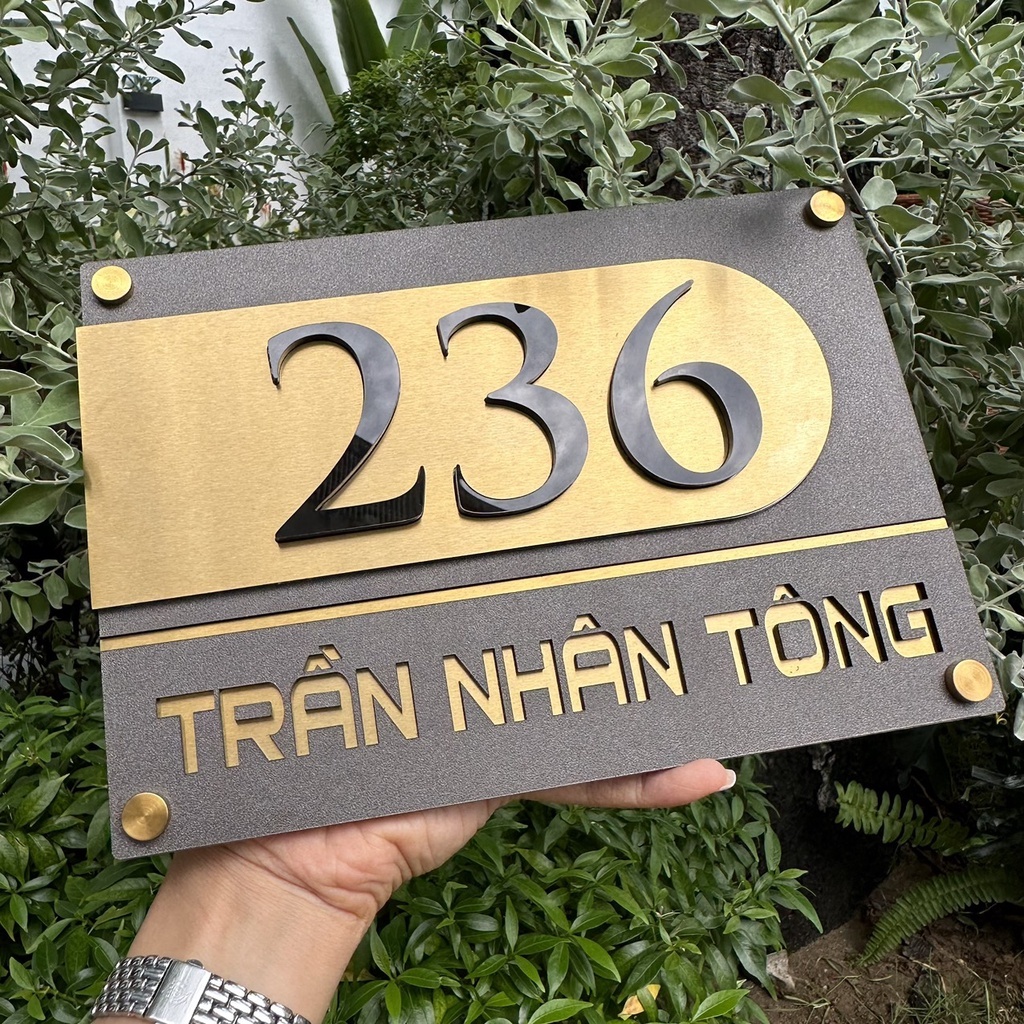 Biển số nhà. Bảng số nhà. Đặt hàng theo yêu cầu BSN - 70. Inox 304 vàng xước + Mica ghi sần.