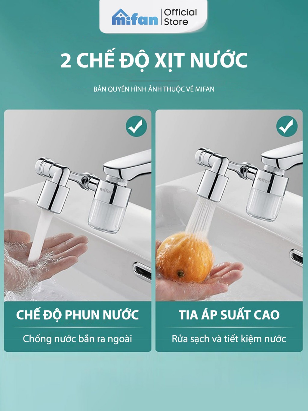 Ảnh Đầu Lọc Nước Tại Vòi Bồn Rửa Mặt MIFAN - Đồng thau cao cấp, Tăng áp mạnh mẽ, Tay xoay 3 chiều 1080°, 2 chế độ phun 3
