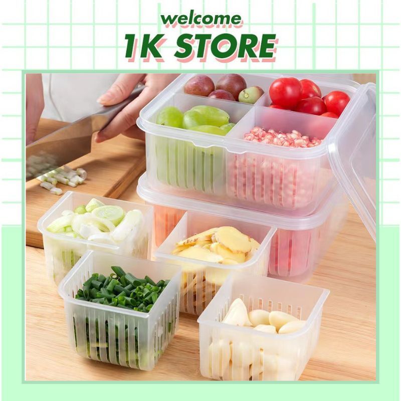 Hộp Đựng Rau Củ Trái Cây Chia 4 Ngăn Ráo Nước Có Nắp Đậy Bảo Quản Trong ...