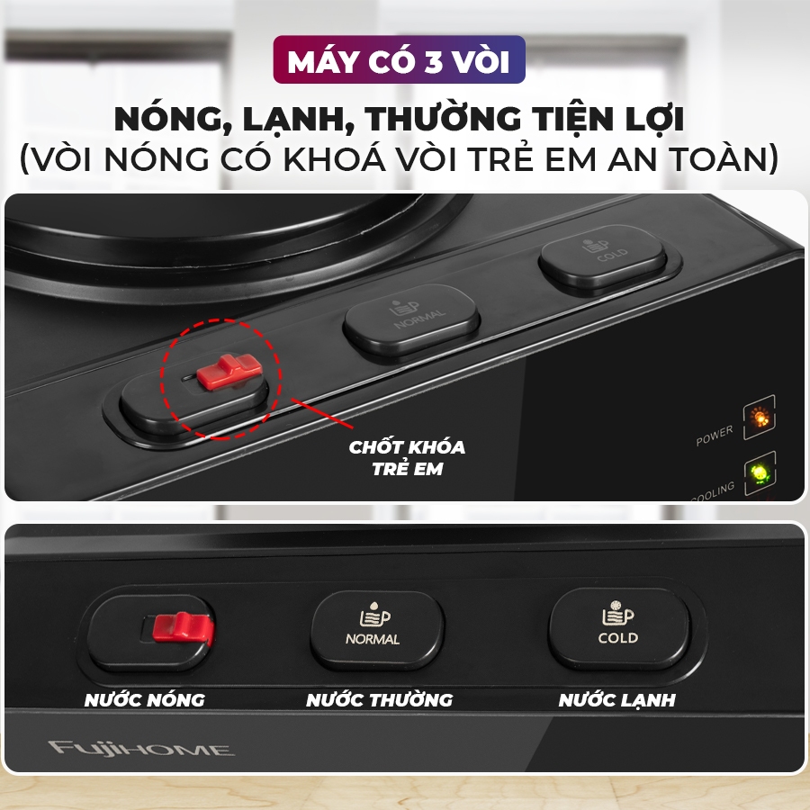 Cây nước nóng lạnh Fujihome WD61E 3 vòi làm nóng lạnh bằng chíp điện tử có khóa trẻ em, bảo hành 12 tháng toàn quốc