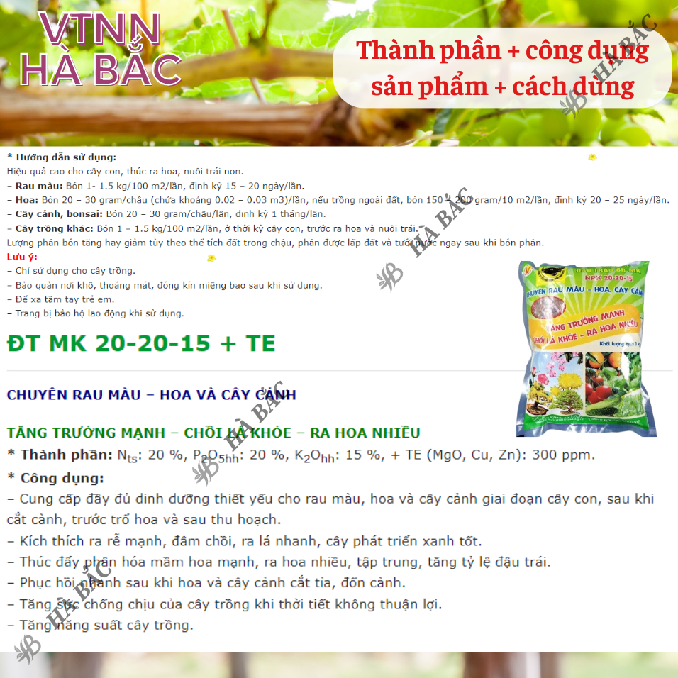 Phân Bón Đầu Trâu NPK 20-20-15 (túi 1kg)- Chuyên Cho Rau màu, Hoa, Cây Cảnh Giúp Cây Ra Hoa, Hoa Đẹp, Lâu Tàn, Kết trái