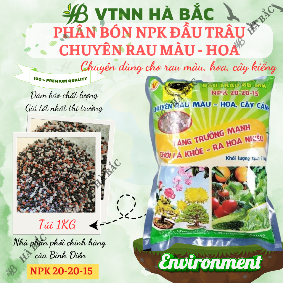 Phân Bón Đầu Trâu NPK 20-20-15 (túi 1kg)- Chuyên Cho Rau màu, Hoa, Cây Cảnh Giúp Cây Ra Hoa, Hoa Đẹp, Lâu Tàn, Kết trái
