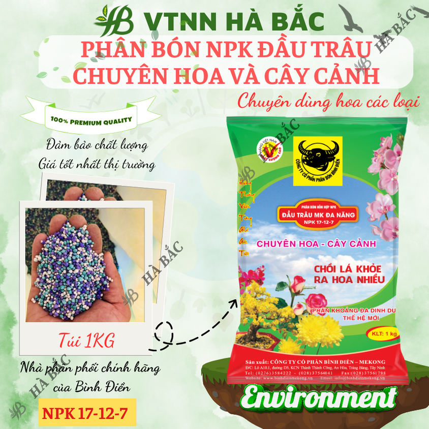Phân bón đầu trâu đa năng NPK 17-12-7 (túi 1kg), Chuyên cho hoa và cây cảnh - Chồi lá khỏe, ra hoa nhiều