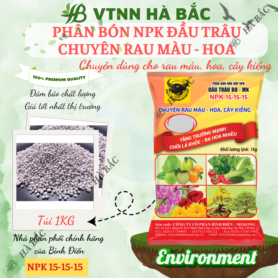 Phân bón đầu trâu NPK 15-15-15 (túi 1kg) - Chuyên cho rau màu, hoa và cây kiểng, tăng trưởng mạnh, chồi lá khỏe, ra hoa