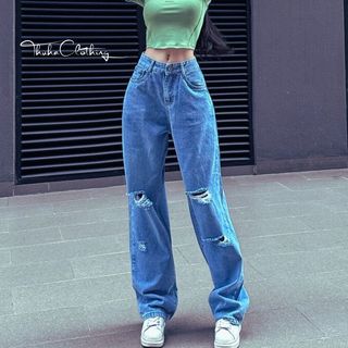 Quần jean nữ ống rộng lưng cao hách dáng, Quần bò nữ rách gối vải jeans dày đẹp mềm mại phong cách hottrend Hàn Quốc