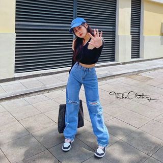 Quần jean nữ ống rộng lưng cao hách dáng, Quần bò nữ rách gối vải jeans dày đẹp mềm mại phong cách hottrend Hàn Quốc