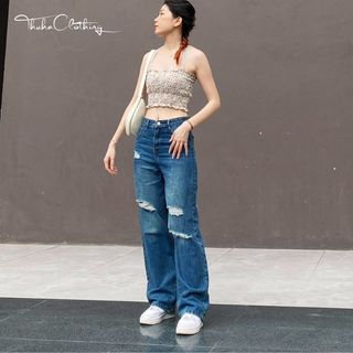 Quần jean nữ ống rộng lưng cao hách dáng, Quần bò nữ rách gối vải jeans dày đẹp mềm mại phong cách hottrend Hàn Quốc