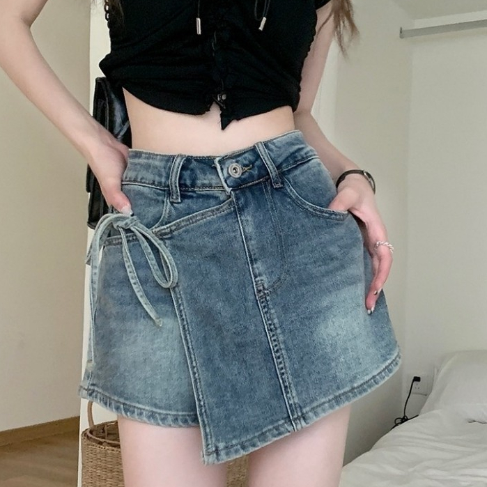 Quần short jean nữ cạp cao, quần short KABICO giả váy phong cách thanh lịch_C43