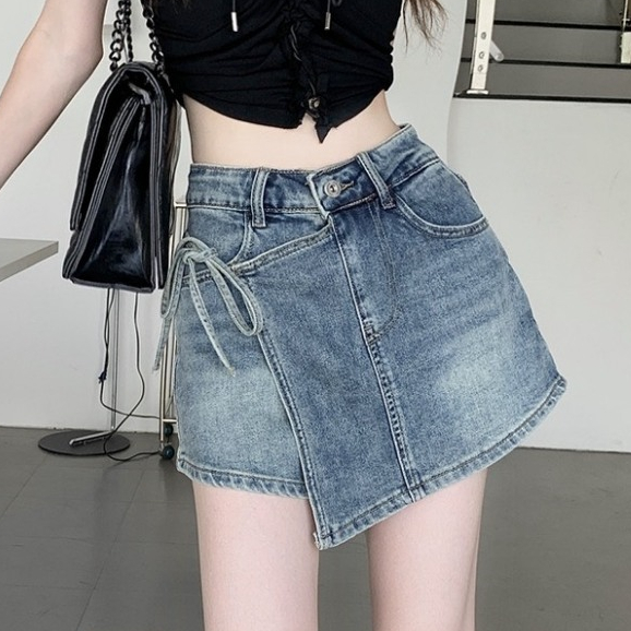 Quần short jean nữ cạp cao, quần short KABICO giả váy phong cách thanh lịch_C43