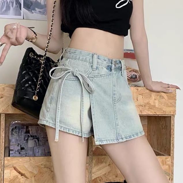 Quần short jean nữ cạp cao, quần short KABICO giả váy phong cách thanh lịch_C43