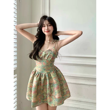 Váy Đầm Dự Tiệc Váy Đầm Hai Dây Sơn Dầu Đầm Hai Dây Dáng Xòe Họa Tiết Sơn Dầu Sang Chảnh Đầm Xòe Đi Tiệc 2 Dây Dáng Ngắn
