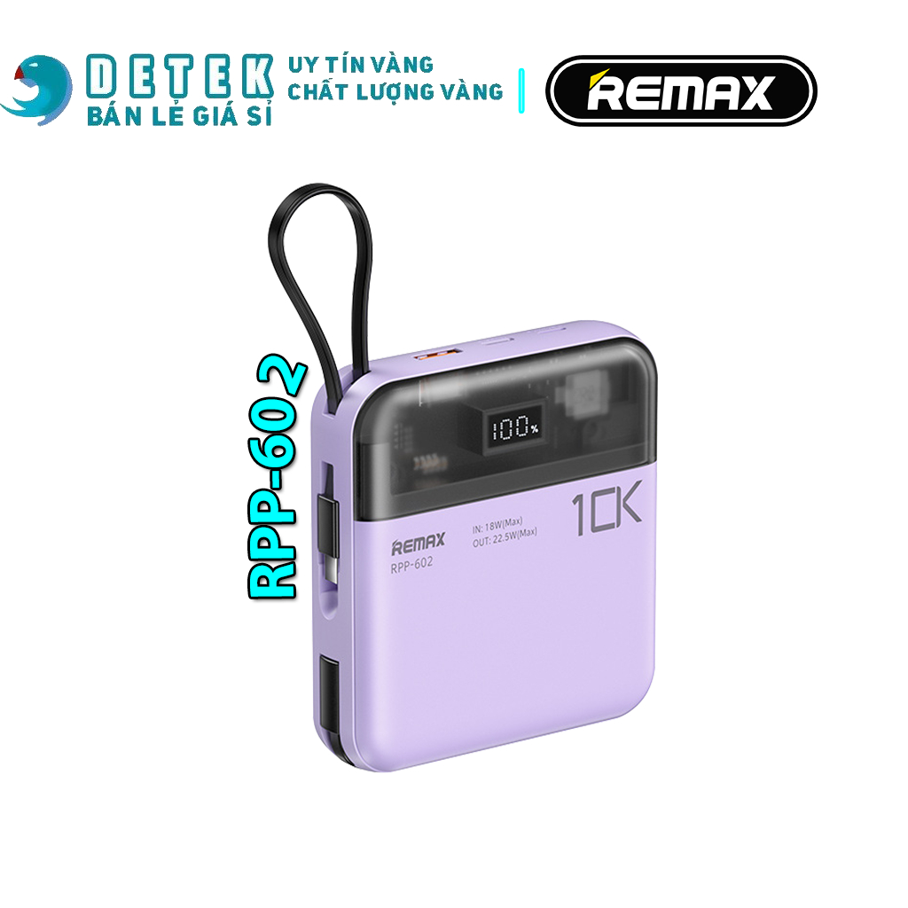 Pin Sạc Dự Phòng Remax RPP-602 10000mAh Sạc Nhanh PD max 22.5W Kèm 2 ...