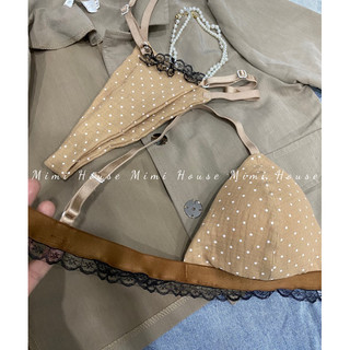 Bộ đồ lót không gọng, mút mỏng musline bi nâu - Handmade by Mimi house