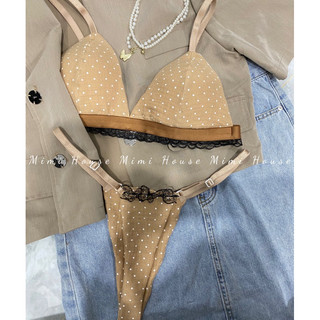 Bộ đồ lót không gọng, mút mỏng musline bi nâu - Handmade by Mimi house