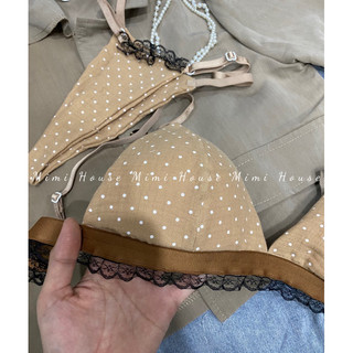 Bộ đồ lót không gọng, mút mỏng musline bi nâu - Handmade by Mimi house