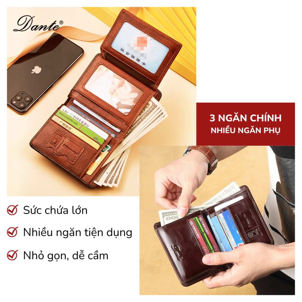 Ví nam da thật vÍ đứng bóp nam da bò ví tiền nam chính hãng DANTE - BANYANU nhiều màu có hộp làm quà tặng sang trọng