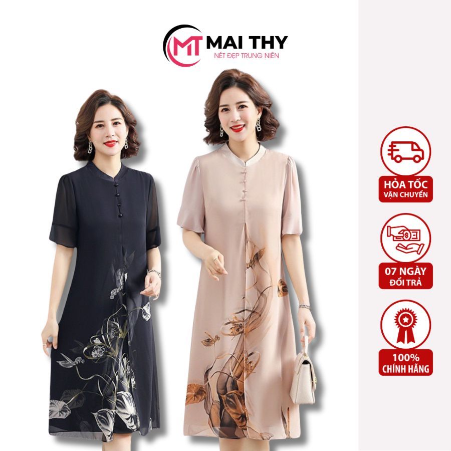 Ảnh Đầm Trung Niên Nữ MAI THY, Váy Thiết Kế Xẻ Tà Voan 3 Lớp Cho Mẹ Trung Tuổi Nữ Tính Lịch Sự | Thời Trang Trung Niên U50 3