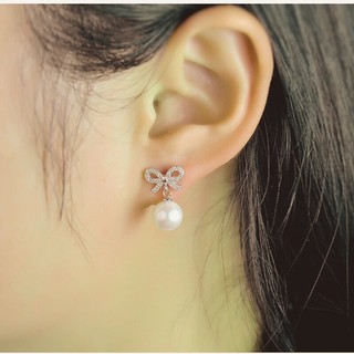 Khuyên tai bạc nữ LAMY Bow-shaped And Synthetic Pearl Earrings 3101 - Khuyên tai bạc ta