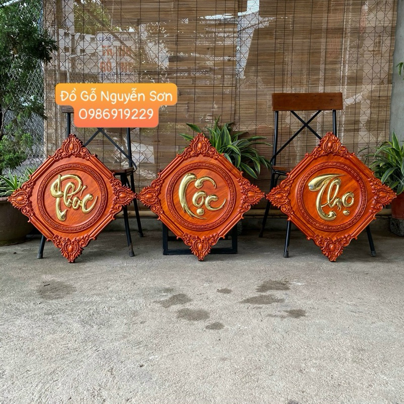 Bộ tranh chữ phúc lộc thọ gỗ hương đỏ -vuông 45cm
