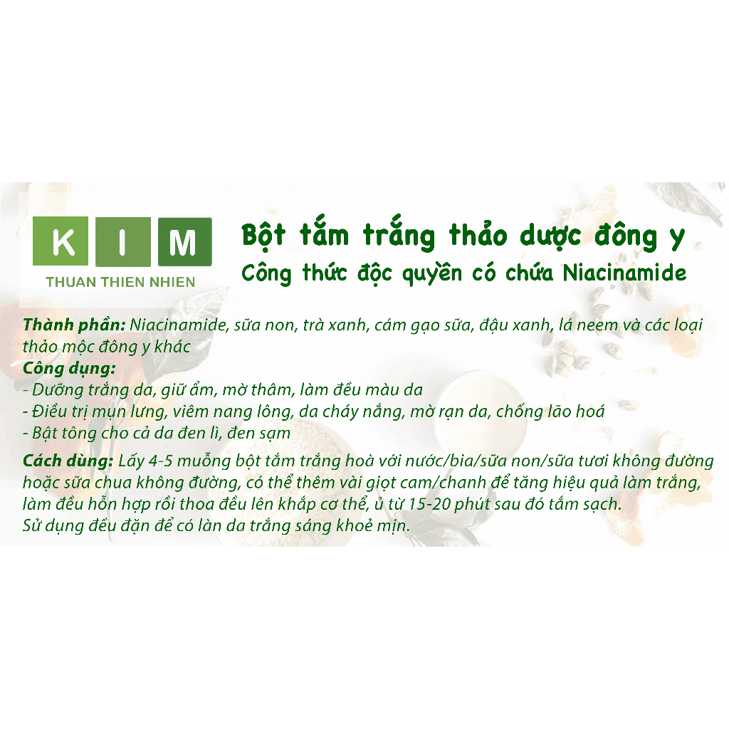 Bột ủ trắng Niacinamide độc quyền Spa tắm trắng thuần chay homemade Kim - Thuần Thiên Nhiên trắng da dưỡng da nâng tone