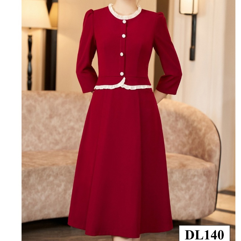 Đầm công sở HELEN thiết kế dáng xòe màu đỏ peplum cổ nhún trắng đính cúc ngực DL140