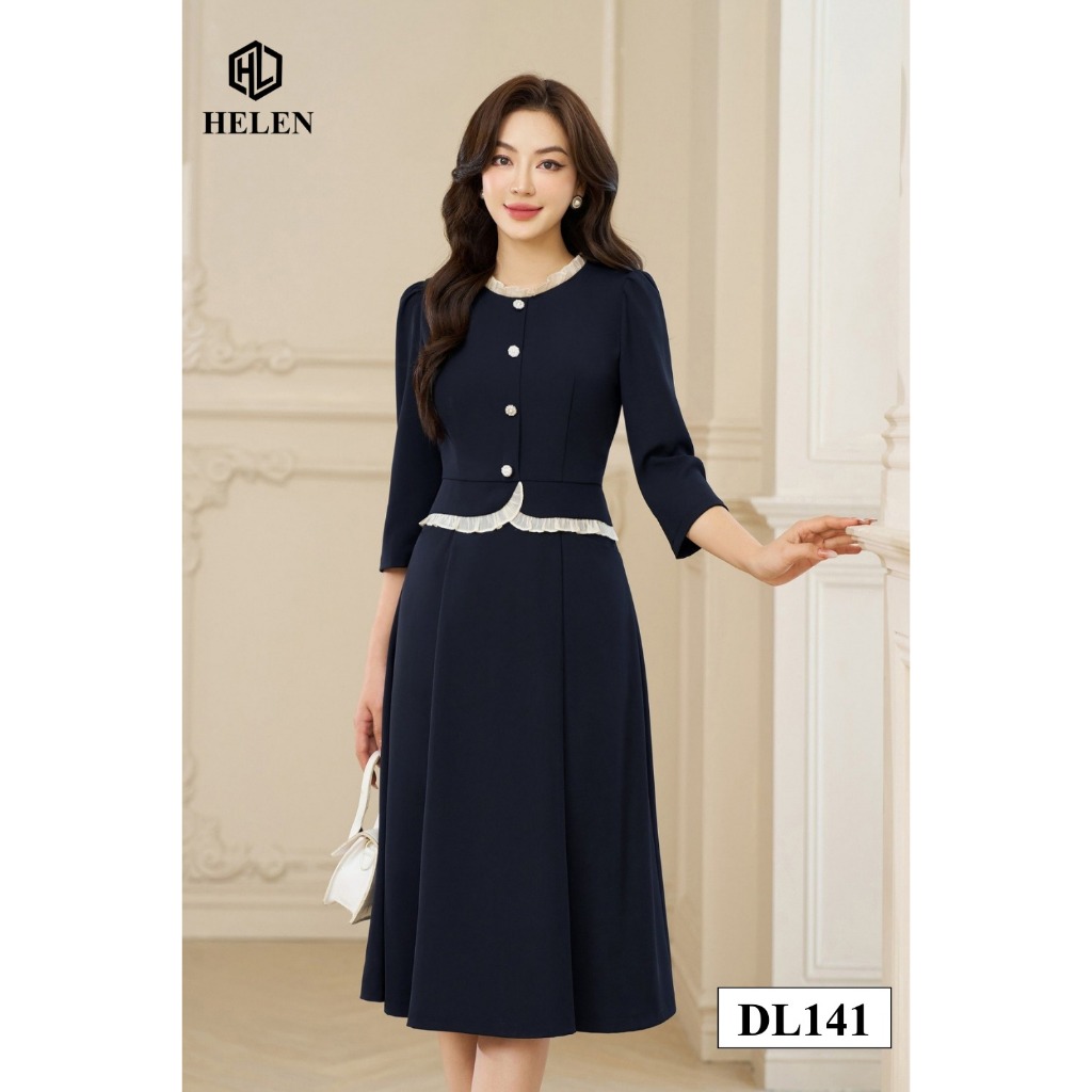 Đầm công sở HELEN thiết kế dáng xòe màu xanh than peplum cổ nhún trắng đính cúc ngực DL141