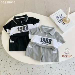 Bộ polo cộc tay bé trai phối màu hoạ tiết chữ, bộ cộc tay cổ đức thể thao Bernie