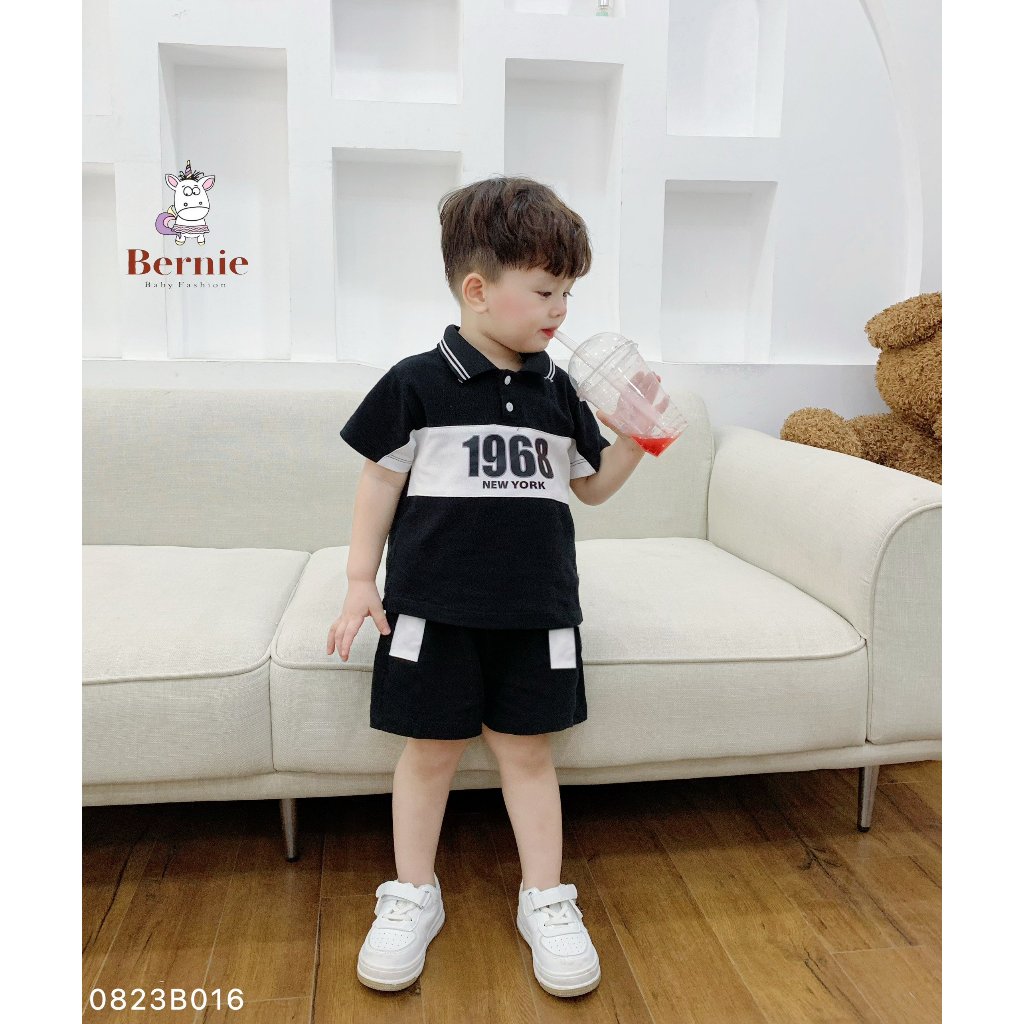 Bộ polo cộc tay bé trai phối màu hoạ tiết chữ, bộ cộc tay cổ đức thể thao Bernie