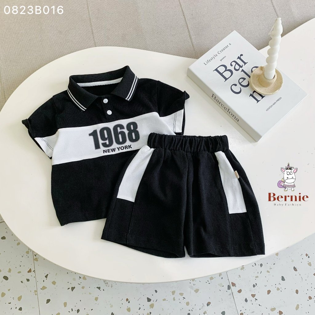 Bộ polo cộc tay bé trai phối màu hoạ tiết chữ, bộ cộc tay cổ đức thể thao Bernie