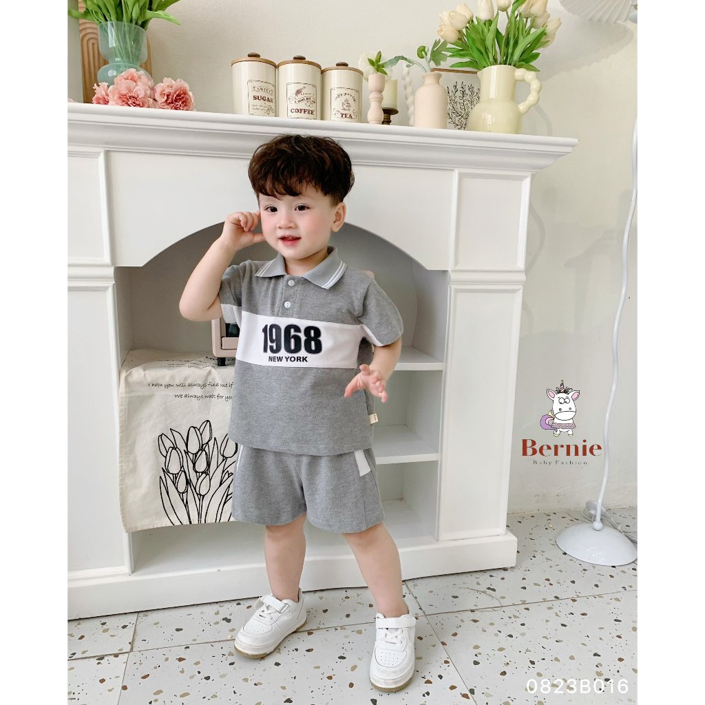 Bộ polo cộc tay bé trai phối màu hoạ tiết chữ, bộ cộc tay cổ đức thể thao Bernie