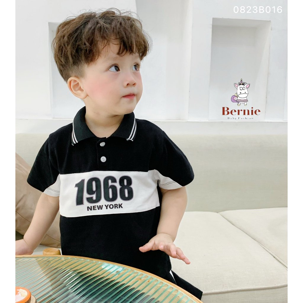 Bộ polo cộc tay bé trai phối màu hoạ tiết chữ, bộ cộc tay cổ đức thể thao Bernie