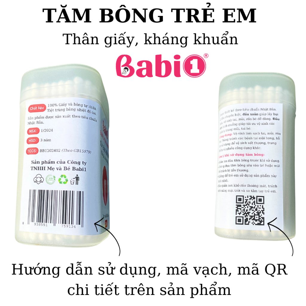 Tăm Bông Trẻ Em BABIONE Tăm Bông Cho Trẻ Sơ Sinh Thân Giấy Kháng Khuẩn Đầu Móc Và Xoắn Hộp 200 Que