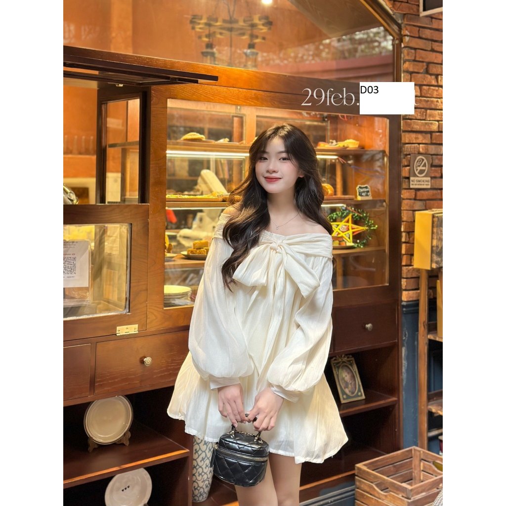 váy áo babydoll trễ vai tay phồng nơ ngực tơ mềm 2 lớp dày dặn,đầm bánh bèo tiểu thư dự tiệc sang chảnh V208