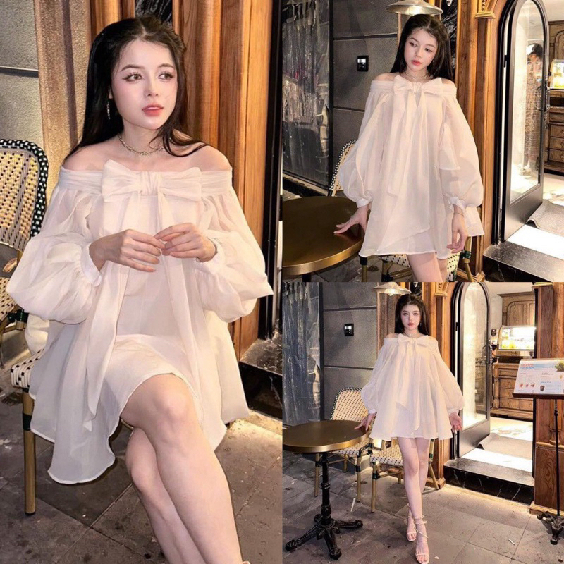 váy áo babydoll trễ vai tay phồng nơ ngực tơ mềm 2 lớp dày dặn,đầm bánh bèo tiểu thư dự tiệc sang chảnh V208