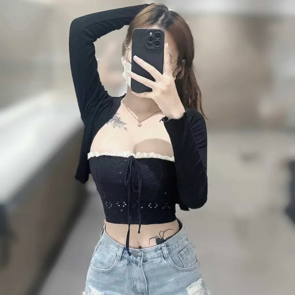 Áo ống họa tiết viền ren kiểu dây buộc ngực gợi cảm A5867