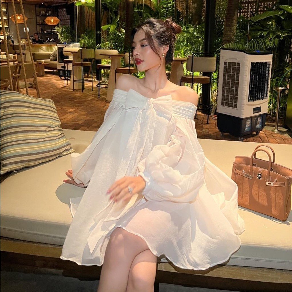 váy áo babydoll trễ vai tay phồng nơ ngực tơ mềm 2 lớp dày dặn,đầm bánh bèo tiểu thư dự tiệc sang chảnh V208