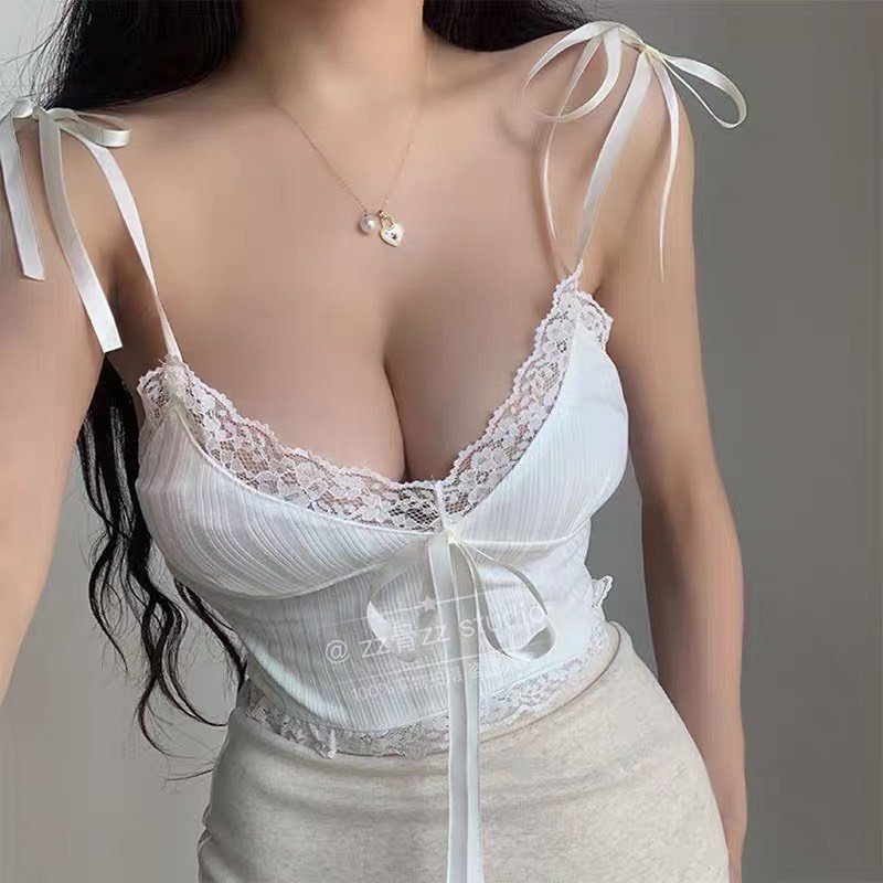 Áo 2 dây kiểu ren dáng bra phối dây buộc nơ, phong cách gợi cảm A585