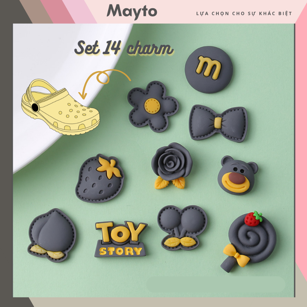 Set 14 Sticker, Charm 3D chủ đề Toy xám 2025 DIY Mayto gắn Dép Cross ...