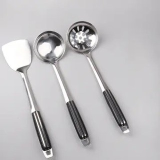 Combo 3 dụng cụ nấu ăn, Vá sạn xẻng inox cán nhựa đen cao cấp siêu bền