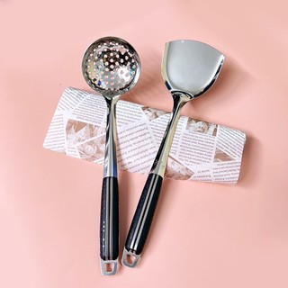 Combo 3 dụng cụ nấu ăn, Vá sạn xẻng inox cán nhựa đen cao cấp siêu bền